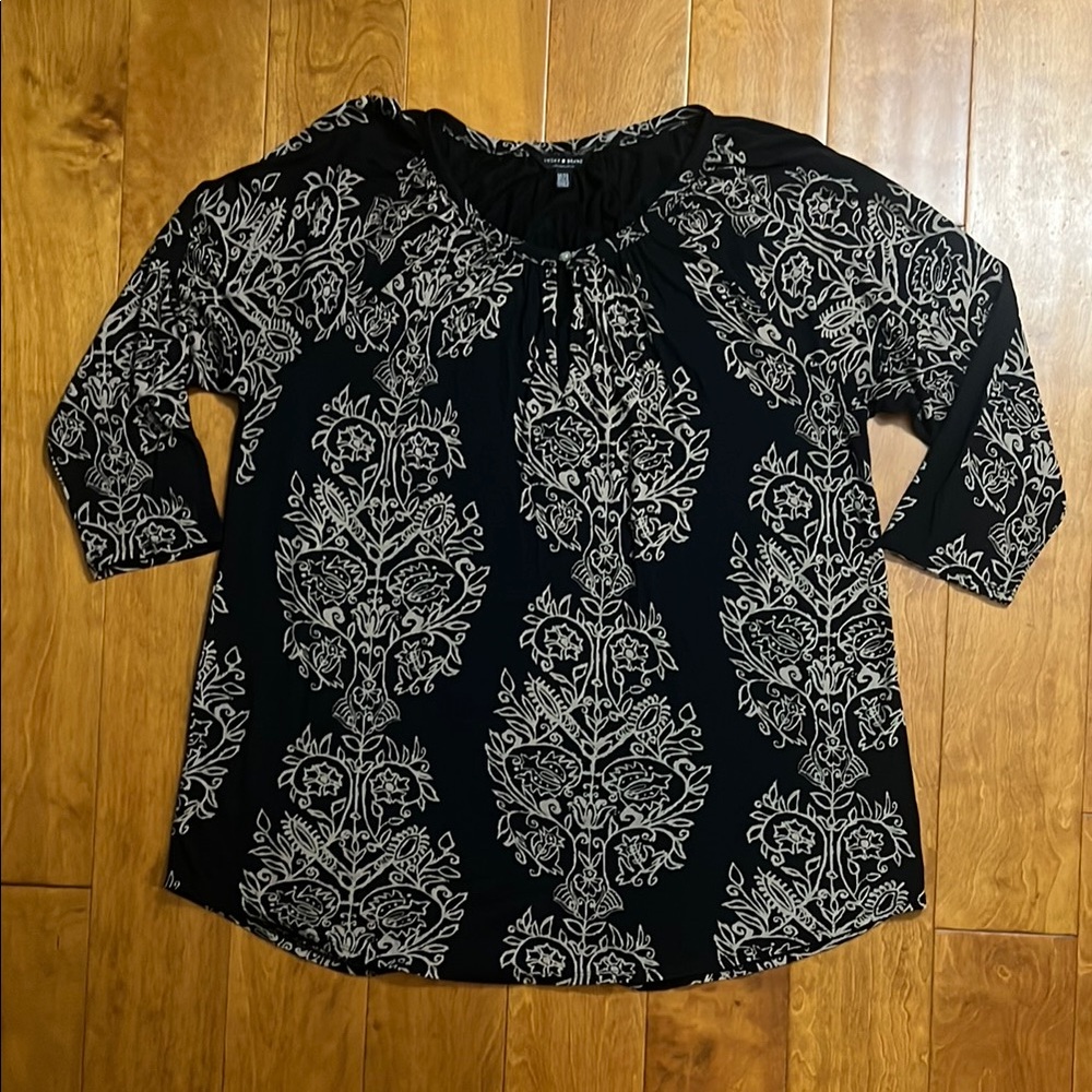 Lucky Brand Black & Tan Boho Peasant Blouse Size 1X 3/4 Sleeve Keyhole Festival - Picture 2 of 12
